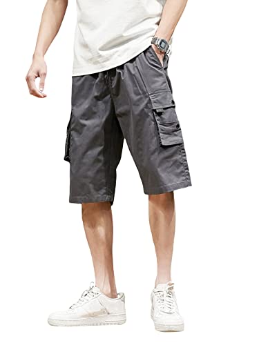 Oyoangle Men's Drawstring Waist Straight Leg Outdoor Cargo Shorts With Flap Pocket Grey M #TOP23