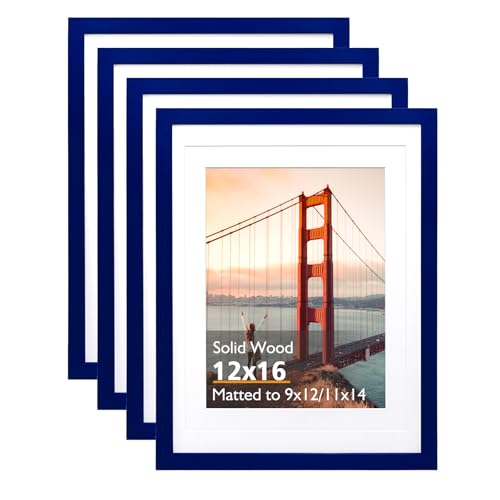 KINLINK 12x16 Picture Frame Navy, Solid Wood Frames with Acrylic Plexiglass for Pictures 11x14/9x12 with Mat or 12x16 without Mat, Wall Display Photo Frame, Set of 4 by KINLINK - Used condition - US$36.20