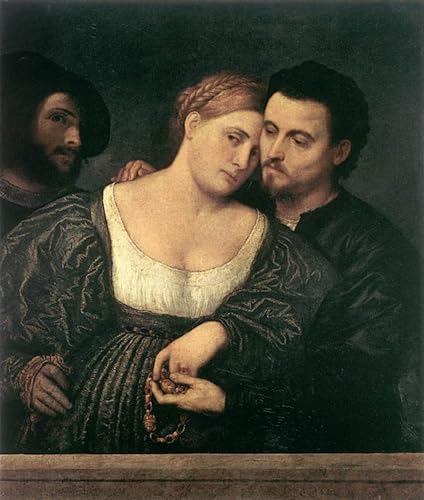 Pintura mural en lienzo contra paredes vacías: Los amantes venecianos de Paris Bordone