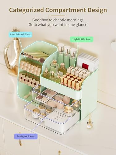 Image of Booklov Makeup Organizer for Vanity, Countertop Cosmetic Display Case with Clear Acrylic Drawers, Bathroom Counter Beauty Caddy, Cute Table Storage Holder for Skincare, Brush Lipsticks, Crystal Green