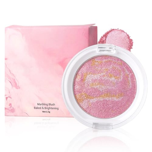 Shimmer Blush For Cheeks Make Up, Glitter Blush Palette with Pearlescent Pressed Powder, Shimmer Blusher Highlighter Contour All-In-One, Buildable Baking Powder Makeup for Women