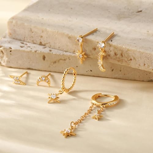GWH 3 PCS Single Ear Gold Dangle Earrings for Women - 18K Gold Plated Moon Star Hoop Stackable Cubic Zirconia Chain Dangle Earring Set Stacks Multiple Piercings Jewelry for Women Sensitive Ears Non Tarnish by GWH - Image 7
