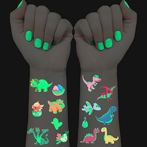 Coszeos Luminous Dinosaur Temporary Tattoos for Kids 12Sheets, Glow In The Dark Fake Animal Tattoo Stickers Waterproof Last Long for Boys and Girls Party Birthday Favors Supplies Gifts