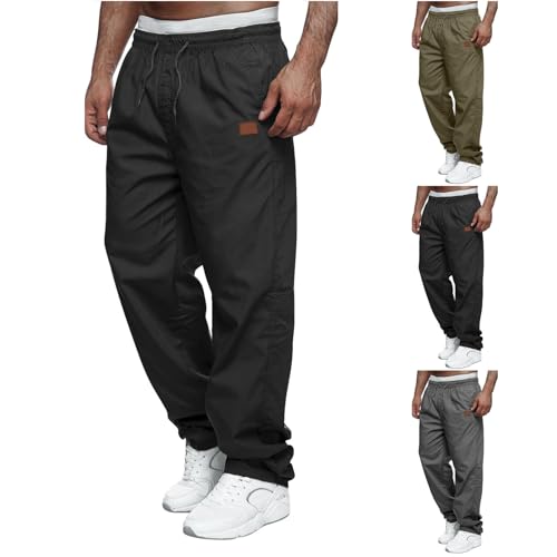 Cargo Pants for Men Solid Color Straight Cargo Trousers Wide Leg Drawstring Elastic Waist Cargo Pants