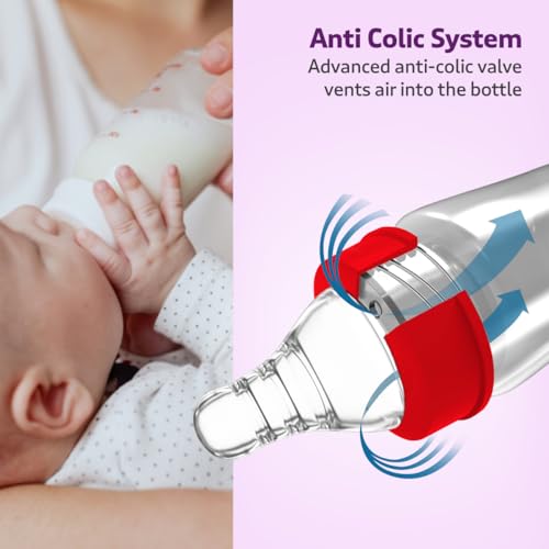 Image of LuvLap Anti-Colic Wide Neck Natura Flo Baby Feeding Bottle, 150ml (Pack of 2), New Born /Infants /Toddler Upto 3 Years, Stars, BPA Free