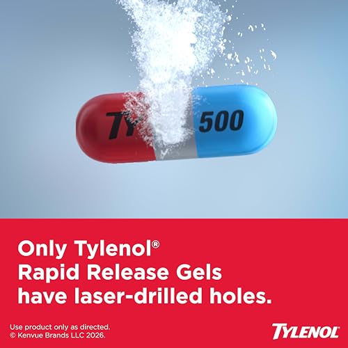 Tylenol Rapid Release Extra Strength Gelcaps, Acetaminophen 500 mg per Gel, Laser Drilled Holes Allow Fast, Strong Pain Relief, Fever Reducer, Gentle on Stomach, 100 Count Size — view 3