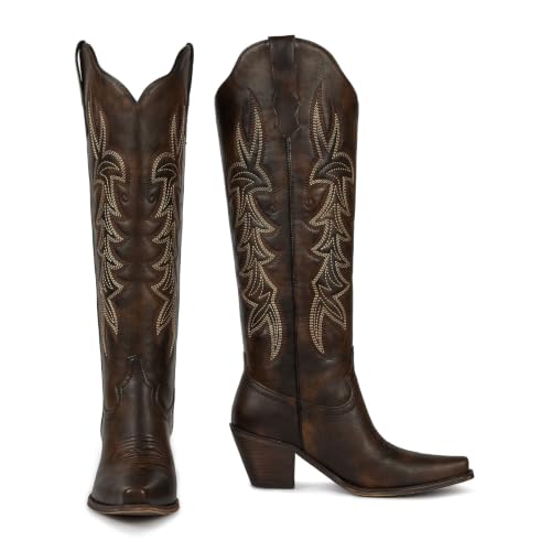 Image of wetkiss Women's Pointed Toe Cowboy Boots | Knee High Cowgirl Boots, Retro Embroidery, Chunky Heel, Pull-On, Style for a Classic Western Look,Stable and Comfortable