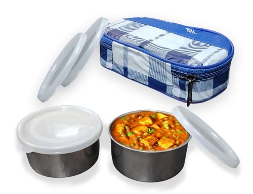 Image of Taxton Stainless Steel Lunch Box with 2 Containers and Insulated Carry Bag, Checkered Pattern, Plastic Lid (Blue)