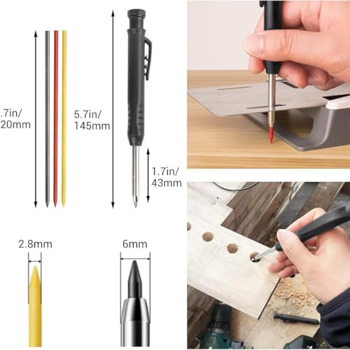 COYUN Tieflochmarker Set, Bleistift Baustelle Tiefloch Bleistift Set Tieflochmarker Bleistift Speedmarker Zimmermannsbleistifte Langlebiger Marker Mit Stifthülle und 6 Ersatzminen (Schwarz)