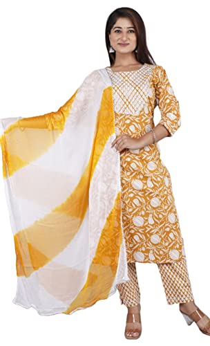 INDACORIFY Neue Bedruckte Kurti-Hose aus Baumwolle, Dupatta-Anzug für Mädchen und Frauen, Festliche Party-Bürokleidung, Salwar Kameez (Large(40), Bluish(Blue)) Cover