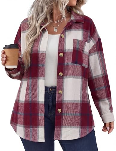IN'VOLAND Women's Plus Size Plaid Shacket Long Sleeve Button Down Flannel Shirts Casual Jacket Coats