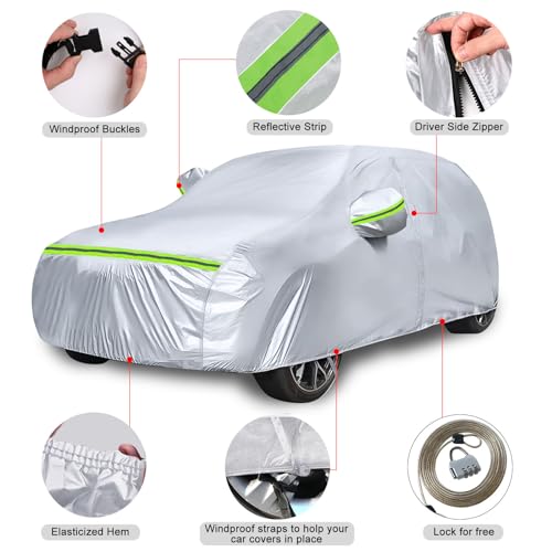 Image of Waterproof Car Covers Replace for 2011-2025 Ford Explorer, 6 Layers Silver All Weather Car Cover with Zipper Door & Windproof Bands for Snow Rain Dust Hail Protection