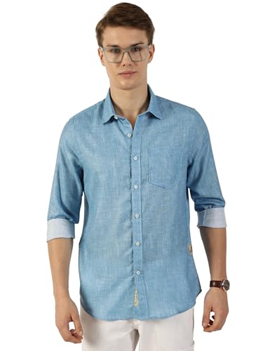 Image of Thomas Scott Men's | Printed | Textured Fabric | Full Sleeve | Regular Fit | Linen Blend | Single Pocket | Spread Collar | Casual Shirt