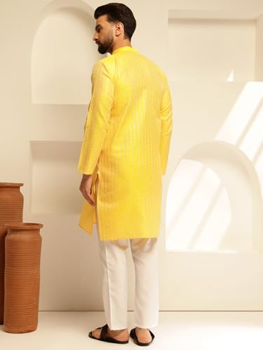 Image of SOJANYA (Since 1958 Men's Silk Blend Contrast White Thread Detailing Kurta With White Pyjama