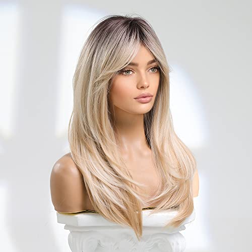 Blonde Wigs For Women Long Blonde Wig With Bangs Layered Synthetic Hair Wig With Dark Roots (22 Inch) #TOP2