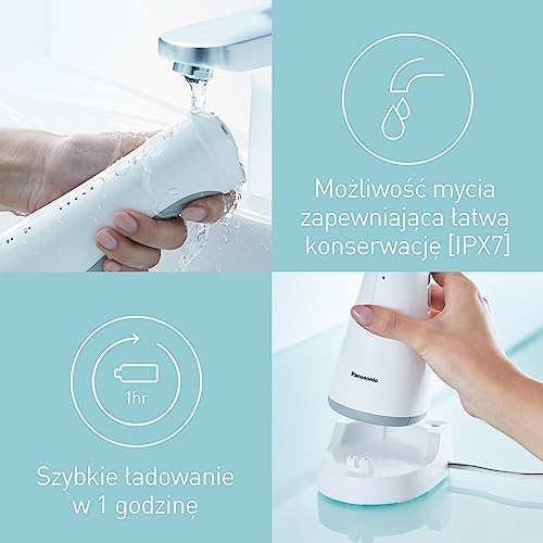 Panasonic EW1511W503 przenośny irygator z technologią ultradźwiękową (ładowanie 1h, 5 stopni strumienia wody (max. 647kPa), zbiornik 200ml), biały