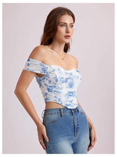 Image of Floerns Women's Off Shoulder Short Sleeve Asymmetrical Hem Ruched Corset Crop Top