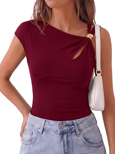 PRETTYGARDEN Womens Summer Tops 2026 One Shoulder Buckle Cut Out Asymmetrical Y2K T-Shirts Knit Spring Going Out Shirts(Burgundy,XX-Large)