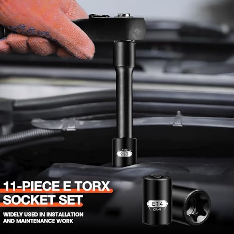 BLACKROBOT E Torx & Star Socket Set With Rail, 11-Piece Female External Sockets, 3/8 1/4 Drive Precision Torque Inverted Torx Kit, E4 E5 E6 E7 E8 E10 E12 E14 E16 E18 E20 Reverse Socket