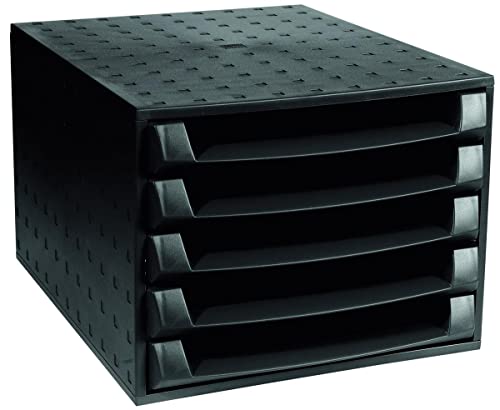 Exacompta 221014D -Módulo individual con 5 cajones para documentos A4+, cajones abiertos, con stop de seguridad -387x284x218 mm -THE BOX - Negro