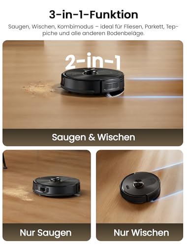 Proscenic Q20Plus Saugroboter mit Wischfunktion, 10000Pa 200min Staubsauger Roboter mit Beutellose Entleerungsstation, 3-in-1 Saug und Wischroboter für Tierhaare, Teppiche, Hartböden, Schwarz