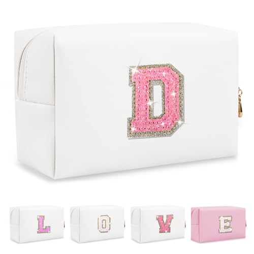 Small Initial Patch Makeup Bag Personalized Gifts Make Up Bag,White Cute PU Leather Glitter Letter Cosmetic Bag with Zipper,Trendy Portable Travel Toiletry Pouch,Preppy Stuff for Teen Girls Women D