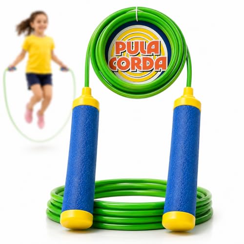 Corda de Pular Premium com Cabo Verde e Alças de Espuma Azul para Crianças