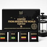 World Coffee Gift Set with French Press Coffee Maker – 4 Finest Single Origins | Premium Ground Coffee Gift Box Cafetiere | Hamper Style Ultimate Xmas Gift idea for Men, Dads, Coffee Lovers & Foodies