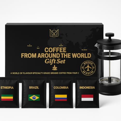 World Coffee Gift Set with French Press Coffee Maker – 4 Finest Single Origins | Premium Ground Coffee Gift Box Cafetiere | Hamper Style Ultimate Xmas Gift idea for Men, Dads, Coffee Lovers & Foodies