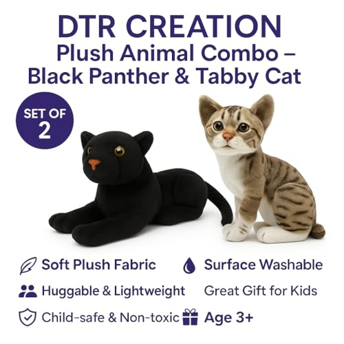 Image of Cute Panther & Brown Cat Plush Toy Combo - 30 cm Soft Stuffed Animals for Kids | Super Soft & Huggable for Boys & Girls (Pack of 2)