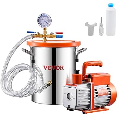 VEVOR 3 Gallon Vacuum Chamber and 3.5 CFM Pump Kit, Stainless Steel Chamber, Single Stage Vacuum Pump Degassing Chamber Kit, with Acrylic Lid, Oil, 4.92 ft Hose, for Degassing Resin Silicone Epoxies
