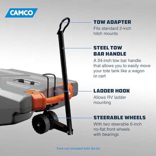 Camco 39011 Steerable Wheel Kit for 28 and 36 Gallon Rhino Tote Tanks with 2 No-Flat Front Wheels, Tow Bar Handle, and Ladder Hook by Camco - Image 3