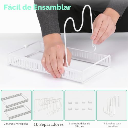 Miniatura 6 de Puricon Organizador De Sartenes, Ollas Y Tapas, Soporte Sartenes Para Armario, 10 Compartimentos Solución De Almacenamiento Flexible Para Espacio Limitado En La Cocina -Blanco