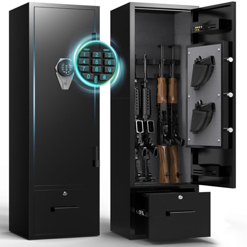 Gun Safes, Drawer Gun Safe, Gun Cabinets for Rifles and Shotguns, Rifle Safes for Home, Quick Access Rifle Safe with Dual Alarm & Mute Mode, Shotgun Safe with 2 Movable Gun Racks, Pistol Pockets, LED