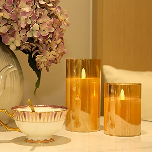 Glass Battery Operated Candles With Remote, Bemoment Golden Led Flameless Candles Centerpieces For Dining Table, Decorative Fake Candles, Home Decor, Led Candle Lights, Real Wax, 3Pcs #TOP1