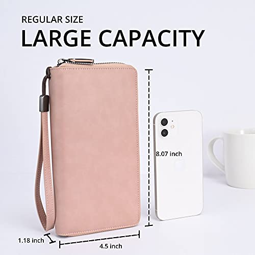 Women's RFID Blocking Leather Zip Around Wallet Large Phone Holder Clutch Travel Purse Wristlet (Dark Pink)4