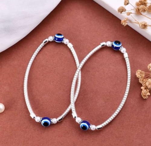 Image of (1 Pair) Silver Kada Style Elasticated Adjustable Alloy Pearl Beads /Stone Evil Eye Nazariya Foot /Leg Payal /Pajeb Anklets For Women's And Girl's