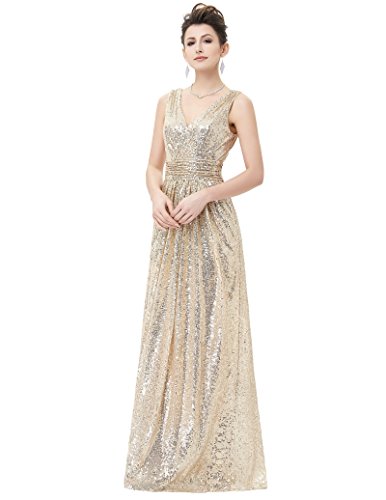 Kate Kasin V Neck Shining Evening Plus Size Prom Dress Light Gold Size 12 KK199