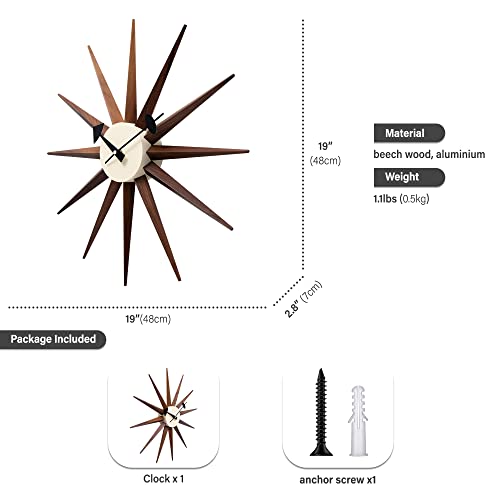 Aurtem Mid Century Wall Clock - Wooden Starburst Clock Replica George Nelson Sunburst Clock For Decorative Office Wall Living Room (Walnut 19") #TOP2