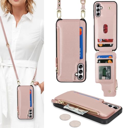 Étui portefeuille Samsung Galaxy A14 5G Cavor en cuir rose gold avec porte-cartes
