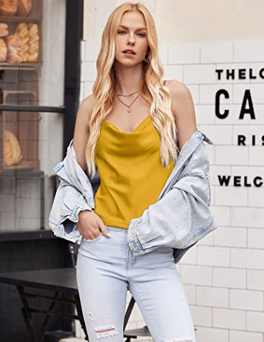 Ekouaer Womens Cowl Neck Silk Satin Camisole Tank Top, Soft Spaghetti Strap Loose Shirt Blouse, Yellow, Medium, Sleeveless #TOP2
