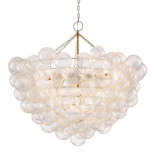 ItWorths 52 inch High Ceiling Chandelier with 21 Bulbs, Hand-Blown Swirled Bubble Glass Ball Pendant Light for Living Room Bedroom, E12 110V Gilded Gold Metal Frame for Hall Entryway Foyer