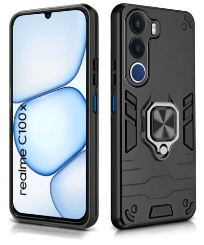 Image of WOW IMAGINE Shock Proof Back Case Mobile Cover for Realme C100x | Back Cover Case (Tough Armor | Hybrid PC + TPU | Ring Holder & in-Built Kickstand | Black)