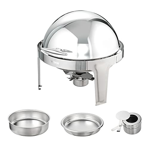 VEVOR Roll Top Chafing Dish Buffet Set, 6 Qt 2 Pack, Stainless Steel Chafer with 2 Full Size Pans, Round Catering Warmer Server with Lid Water Pan Stand Fuel Holder, for at Least 5 People Each by VEVOR - Used condition - Image 4