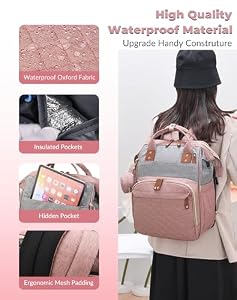 Lamroro Diaper Bag with Changing Station, Waterproof 3 in 1 Diaper Backpack with Foldable Changing Pad, Large Travel Backpack for Mom & Dad, Baby Gift for Baby Girl & Boy, Pink-Grey — photo 6 of 6