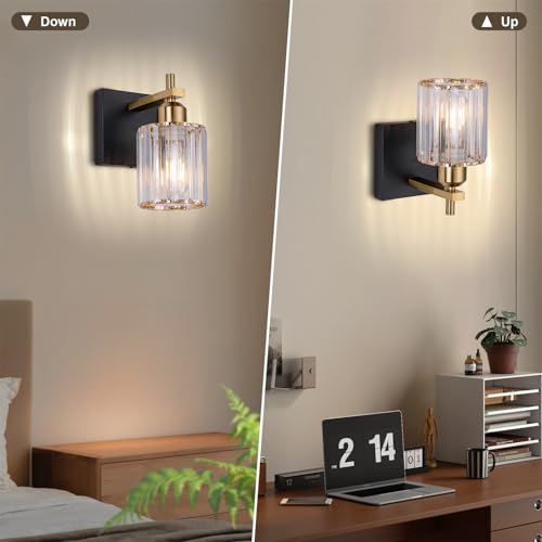 Image of Black Gold Wall Sconces Set of 2: Modern Vanity Lights with Crystal Glass Shade, Bathroom Sconces Set of Two, Crystal Wall Light Fixtures for Bath Mirror Living Room Bedroom Hallway Kitchen, E26 Base