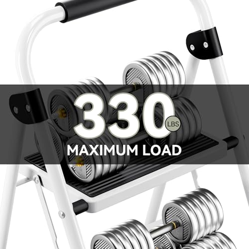 KINGRACK 2 Step Ladder, Folding Step Stool with Anti-Slip and Wide Pedal, Lightweight Stepladder with Handrails, Portable for Kitchen, Household, 330LBS, White by KINGRACK - Image 3