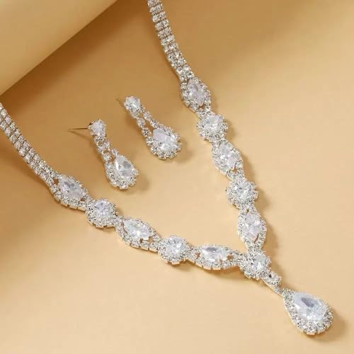 Axylena Crystal Teardrop Jewelry Set, 14K White Gold Plated Necklace and Earrings, 1.5 Carat CZ Diamond Wedding Set, Formal Evening Collection with Matching Drop Earrings — view 3