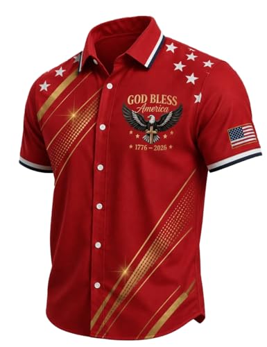 God Bless America Shirt 250th Anniversary US Hawaiian Shirts Men American Flag Eagle Christian Cross Independence Day Tshirt 1776 2026 Merchandise One Nation Under God Top Buttoned