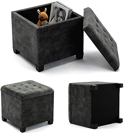 HNNHOME 45cm Cube Cloud Velvet Padded Seat Ottoman Storage Stool Box, Footstool Pouffes Chair with Lids (Dark Green, Cloud Velvet)